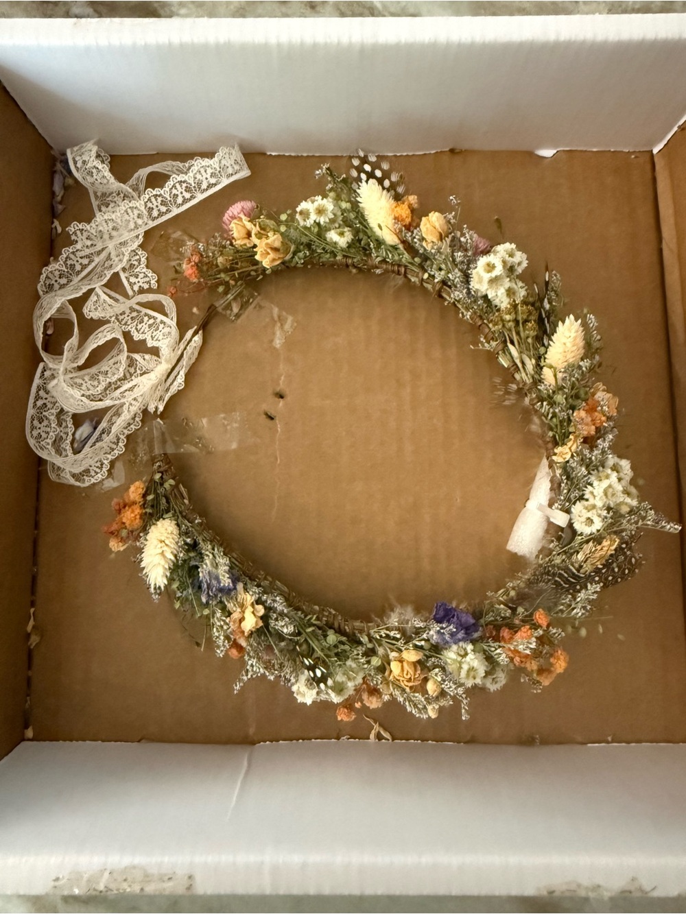 NEW Girls Dried Floral Crown with Lace Ribbon - Yellow, Orange, White, Purple.